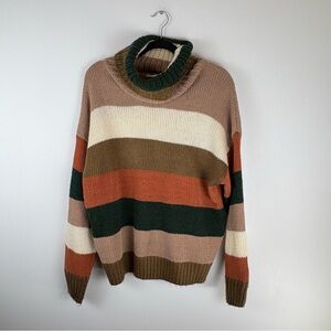 Loveriche Womens Medium Sweater Top Turtleneck Stripe Oversized Beige Brown